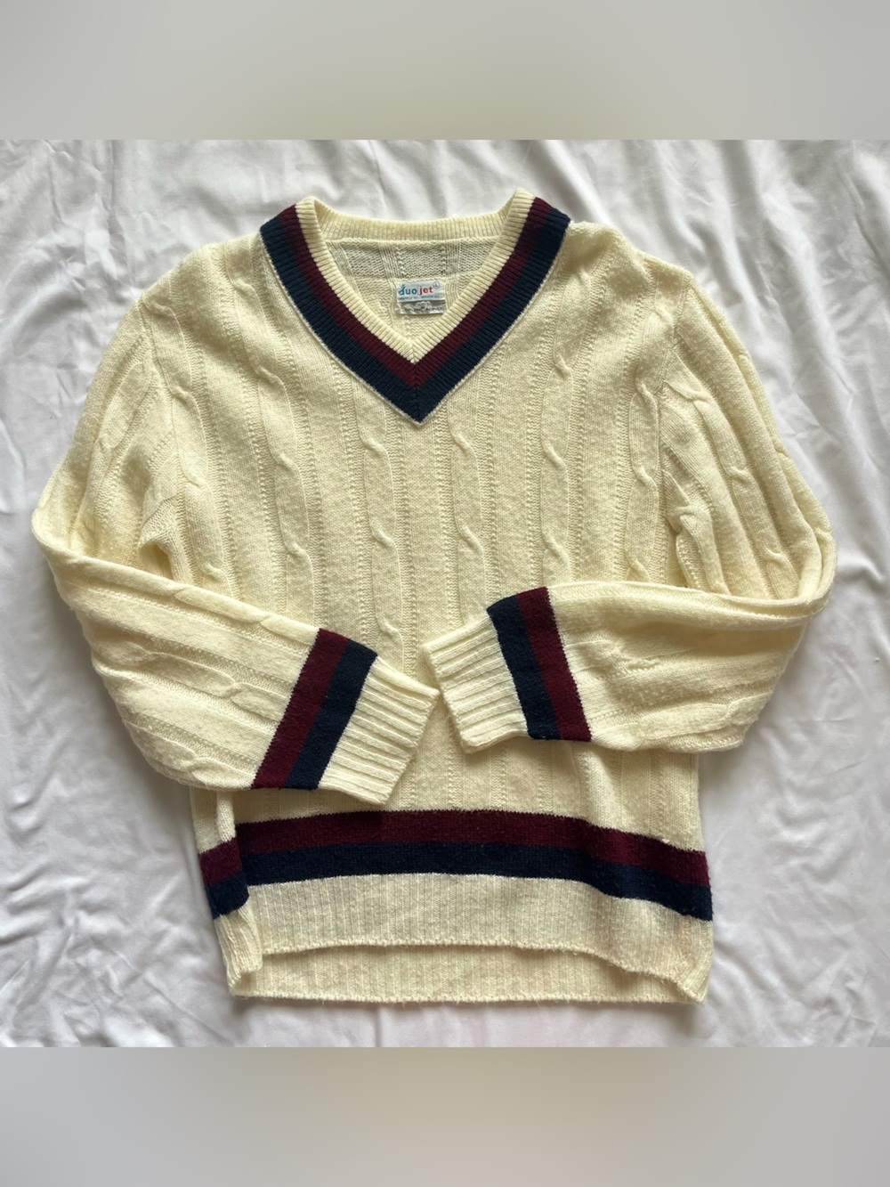 Cream V-Neck Cable Sweater with Navy & Burgundy Trim